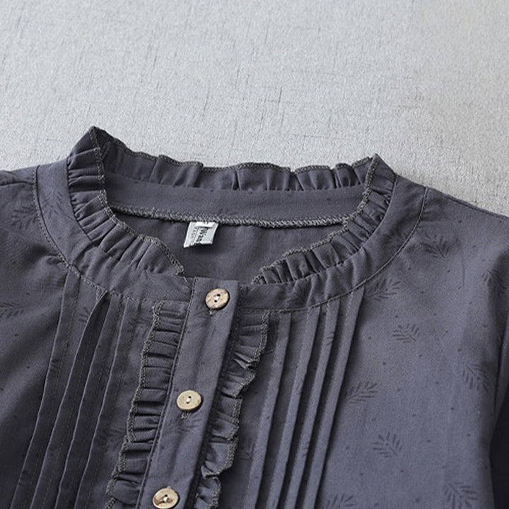 Buddha Stones Casual Retro Jednolity Kolor Guzik Marszczony Okrągły Dekolt Projekt Krótki Rękaw Bawełna Len Midi Sukienka Z Kieszeniami