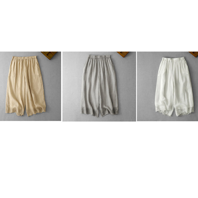 Buddha Stones Commute Jednokolorowe Koronkowe Haftowane Wzory Bawełniane Damskie Szerokie Nogawki Spodnie Z Kieszeniami - image 26