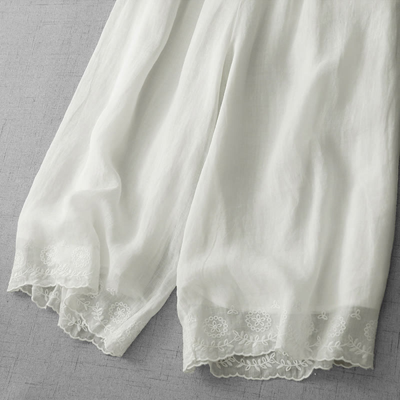 Buddha Stones Commute Jednokolorowe Koronkowe Haftowane Wzory Bawełniane Damskie Szerokie Nogawki Spodnie Z Kieszeniami - image 4