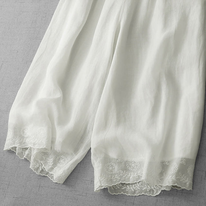 Buddha Stones Commute Jednokolorowe Koronkowe Haftowane Wzory Bawełniane Damskie Szerokie Nogawki Spodnie Z Kieszeniami - image 4