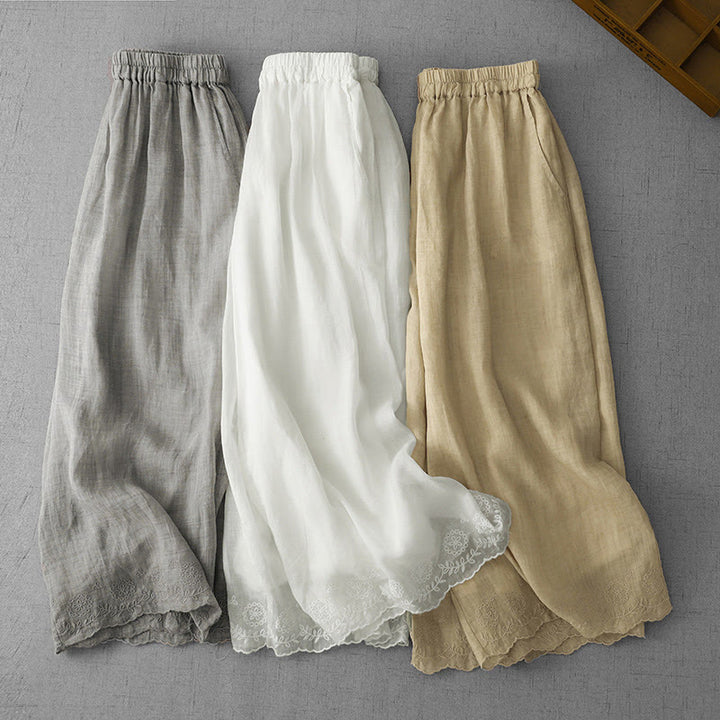 Buddha Stones Commute Jednokolorowe Koronkowe Haftowane Wzory Bawełniane Damskie Szerokie Nogawki Spodnie Z Kieszeniami - image 23