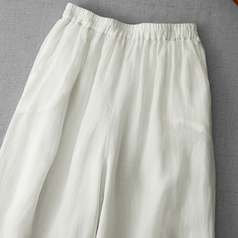 Buddha Stones Commute Jednokolorowe Koronkowe Haftowane Wzory Bawełniane Damskie Szerokie Nogawki Spodnie Z Kieszeniami - image 1