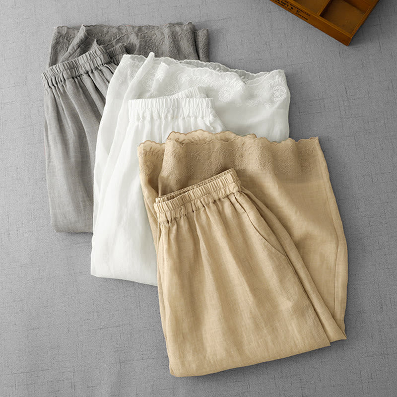 Buddha Stones Commute Jednokolorowe Koronkowe Haftowane Wzory Bawełniane Damskie Szerokie Nogawki Spodnie Z Kieszeniami - image 24