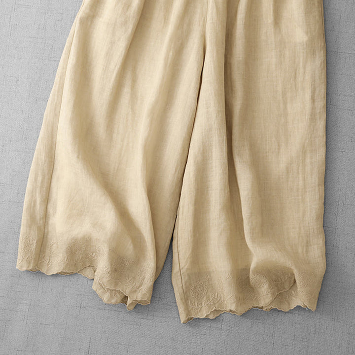 Buddha Stones Commute Jednokolorowe Koronkowe Haftowane Wzory Bawełniane Damskie Szerokie Nogawki Spodnie Z Kieszeniami - image 20