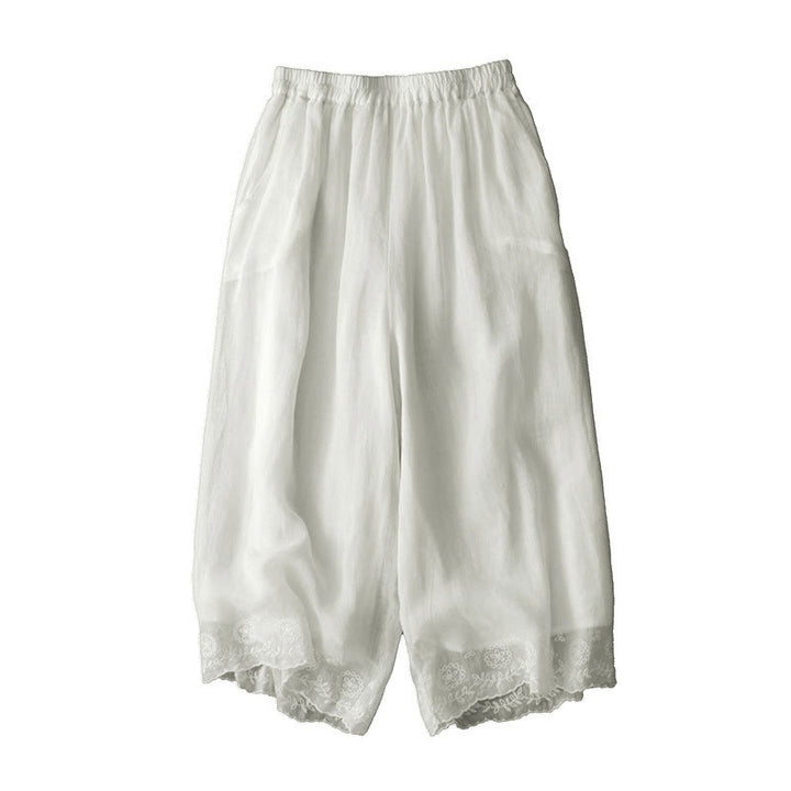 Buddha Stones Commute Jednokolorowe Koronkowe Haftowane Wzory Bawełniane Damskie Szerokie Nogawki Spodnie Z Kieszeniami - image 7