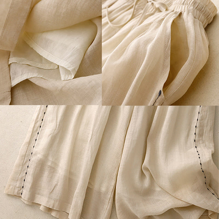 Spodnie damskie z szerokimi nogawkami do kostek Buddha Stones Commute Solid Color z haftem i ściągaczem, bawełniane, z kieszeniami - image 7