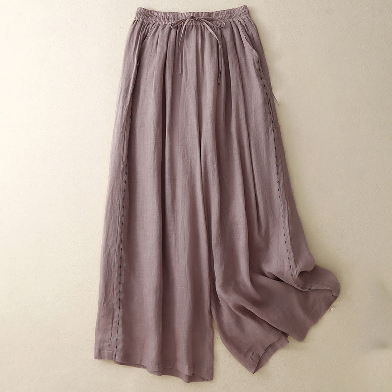 Spodnie damskie z szerokimi nogawkami do kostek Buddha Stones Commute Solid Color z haftem i ściągaczem, bawełniane, z kieszeniami - RosyBrown - US8-10，UK/AU12-14，EU40-42 (2XL) - image 16