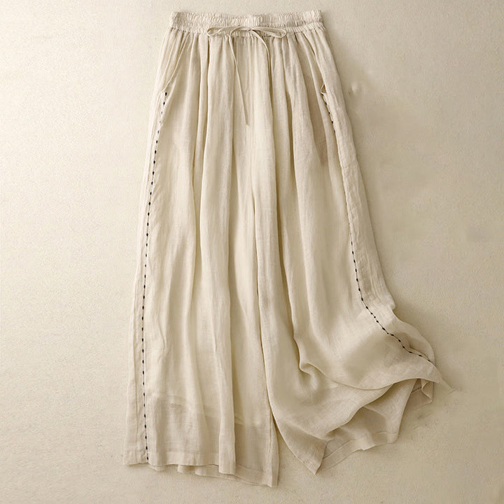 Spodnie damskie z szerokimi nogawkami do kostek Buddha Stones Commute Solid Color z haftem i ściągaczem, bawełniane, z kieszeniami - Blada nawłoć - US8-10，UK/AU12-14，EU40-42 (2XL) - image 0