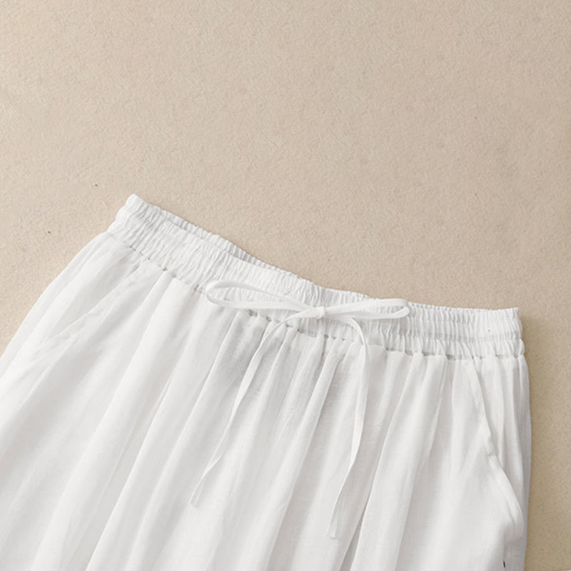 Spodnie damskie z szerokimi nogawkami do kostek Buddha Stones Commute Solid Color z haftem i ściągaczem, bawełniane, z kieszeniami - image 9