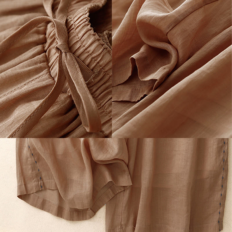 Spodnie damskie z szerokimi nogawkami do kostek Buddha Stones Commute Solid Color z haftem i ściągaczem, bawełniane, z kieszeniami - image 22