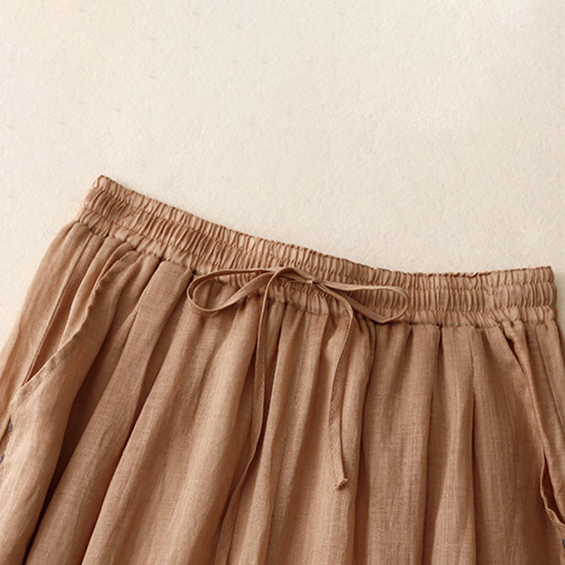 Spodnie damskie z szerokimi nogawkami do kostek Buddha Stones Commute Solid Color z haftem i ściągaczem, bawełniane, z kieszeniami - image 21