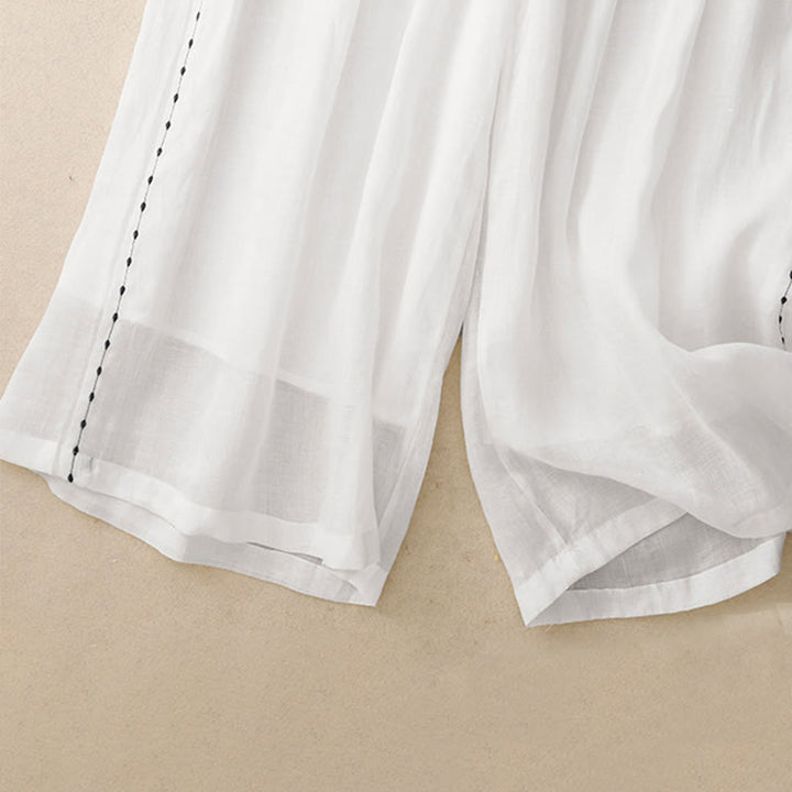 Spodnie damskie z szerokimi nogawkami do kostek Buddha Stones Commute Solid Color z haftem i ściągaczem, bawełniane, z kieszeniami - image 10