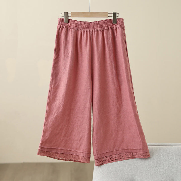 Buddha Stones Commute Retro Plain Lace Patchwork Design 7-8 Długość Damskie Szerokie Nogawki Bawełniane Spodnie Z Kieszeniami - LightCoral - US8-10，UK/AU12-14，EU40-42 (2XL) - image 10