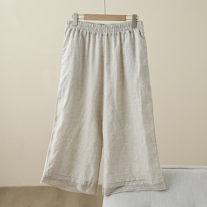 Buddha Stones Commute Retro Plain Lace Patchwork Design 7-8 Długość Damskie Szerokie Nogawki Bawełniane Spodnie Z Kieszeniami - Bielizna - US8-10，UK/AU12-14，EU40-42 (2XL) - image 0