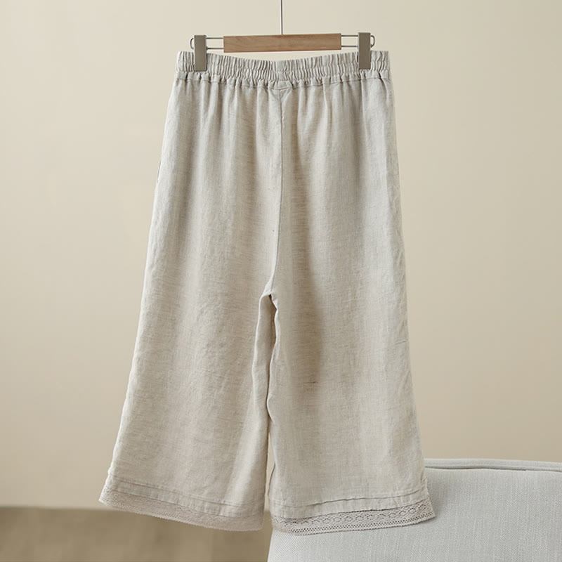 Buddha Stones Commute Retro Plain Lace Patchwork Design 7-8 Długość Damskie Szerokie Nogawki Bawełniane Spodnie Z Kieszeniami - image 1