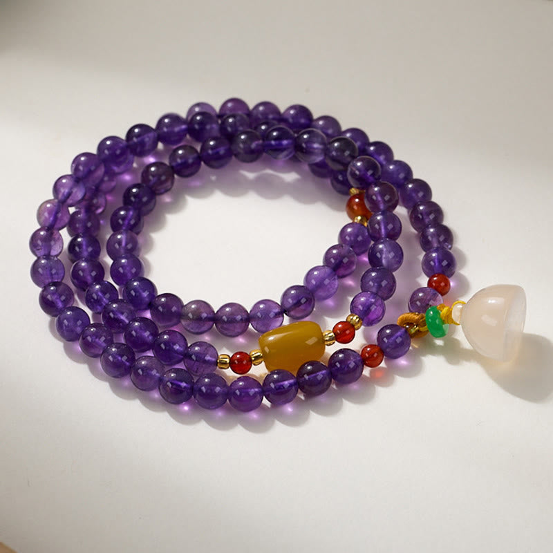 Buddha Stones Naturalne Koraliki Ametystu Moneta Wisząca Tykwa Chalcedon Lotos Równowaga Wielowarstwowa Bransoletka