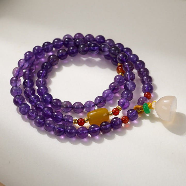 Buddha Stones Naturalne Koraliki Ametystu Moneta Wisząca Tykwa Chalcedon Lotos Równowaga Wielowarstwowa Bransoletka