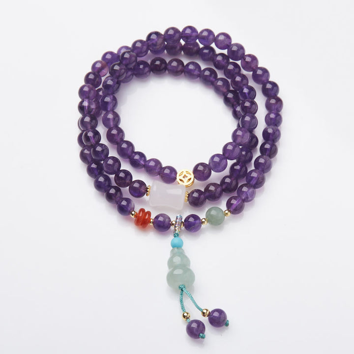 Buddha Stones Naturalne Koraliki Ametystu Moneta Wisząca Tykwa Chalcedon Lotos Równowaga Wielowarstwowa Bransoletka