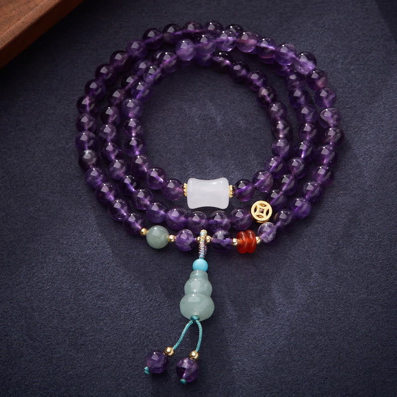 Buddha Stones Naturalne Koraliki Ametystu Moneta Wisząca Tykwa Chalcedon Lotos Równowaga Wielowarstwowa Bransoletka