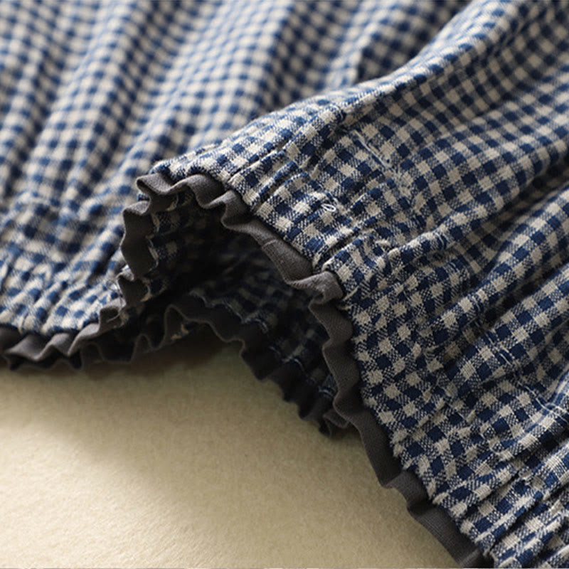 Buddha Stones Commute Casual Wzór w kratkę Spodnie damskie o długości 7-8 z szerokimi nogawkami z bawełny i lnu z kieszeniami - image 3