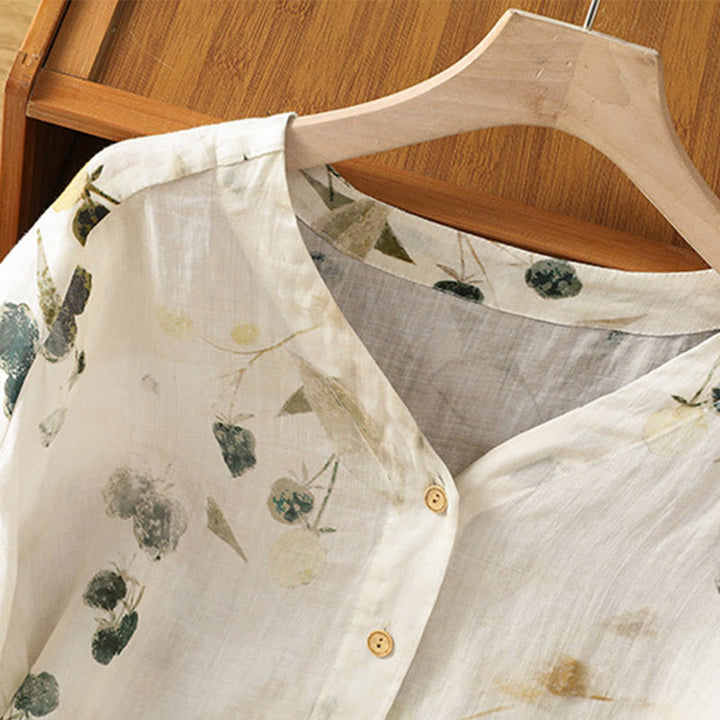 Koszula kardigan z nadrukiem roślinnym Buddha Stones z dekoltem w serek i guzikami z poliestru dla kobiet z rękawami trzy czwarte - image 3