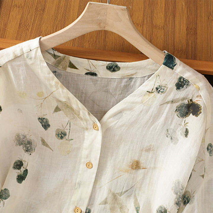 Koszula kardigan z nadrukiem roślinnym Buddha Stones z dekoltem w serek i guzikami z poliestru dla kobiet z rękawami trzy czwarte - image 2