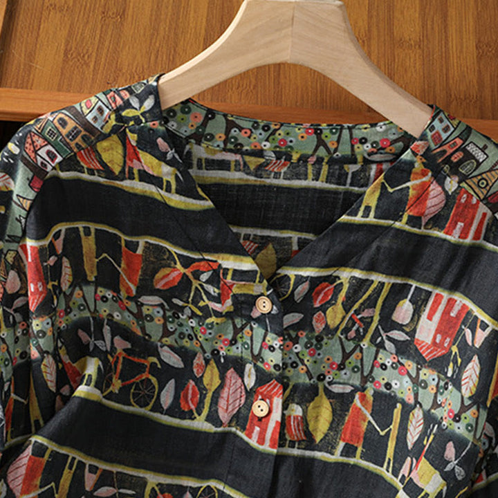 Koszula kardigan z nadrukiem roślinnym Buddha Stones z dekoltem w serek i guzikami z poliestru dla kobiet z rękawami trzy czwarte - image 14