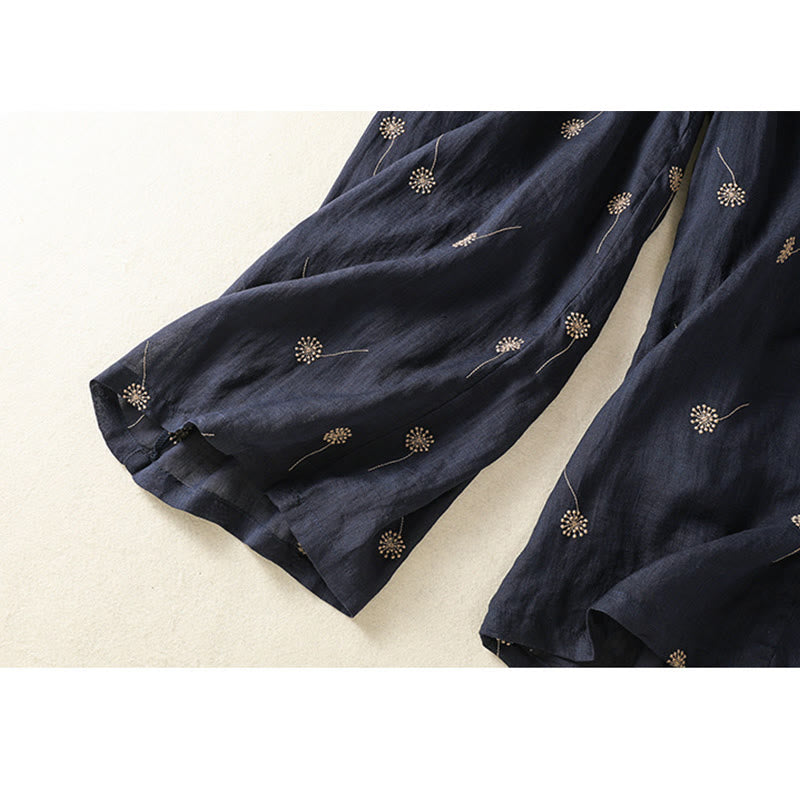 Buddha Stones MidnightBlue Commute Casual Dandelion Pattern Damskie szerokie nogawki Spodnie bawełniane lniane