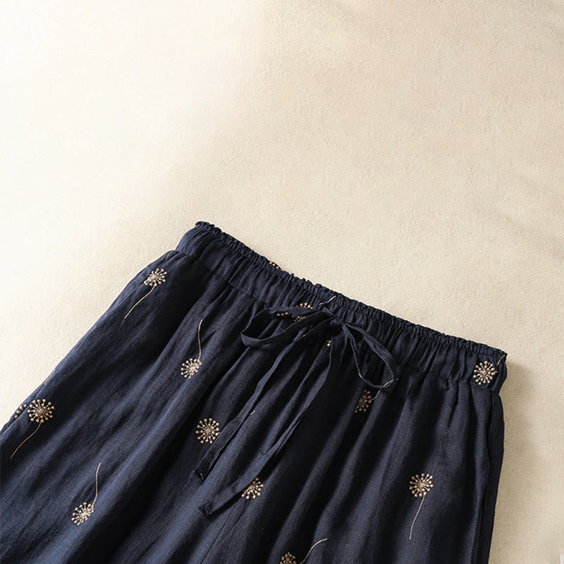 Buddha Stones MidnightBlue Commute Casual Dandelion Pattern Damskie szerokie nogawki Spodnie bawełniane lniane