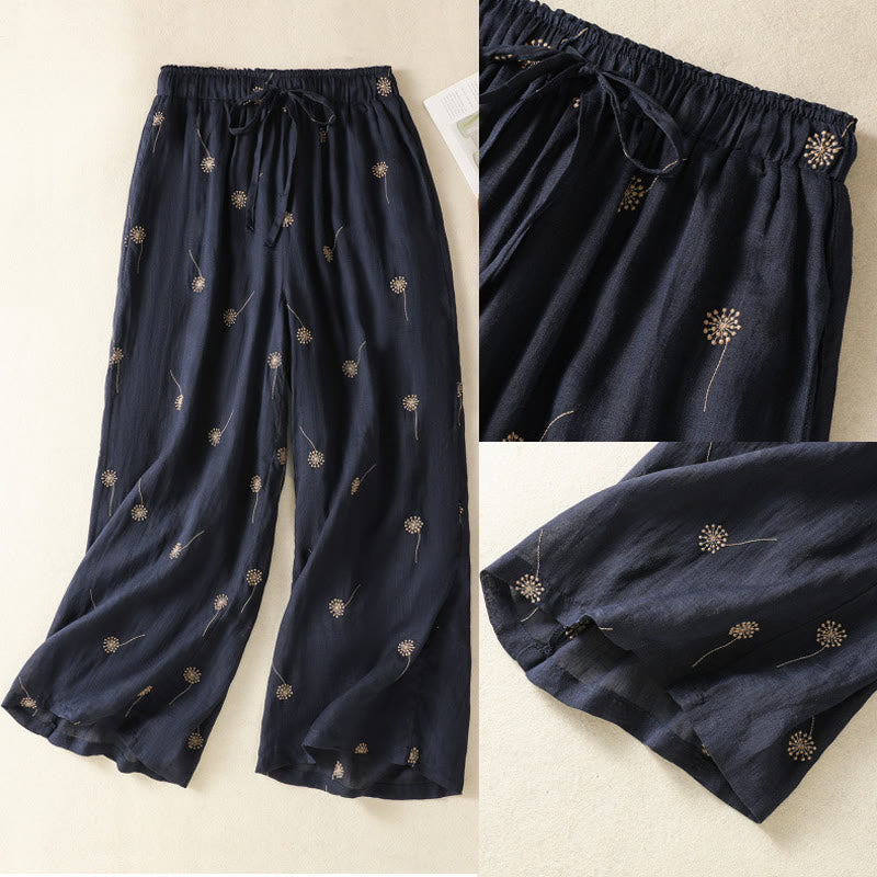 Buddha Stones MidnightBlue Commute Casual Dandelion Pattern Damskie szerokie nogawki Spodnie bawełniane lniane