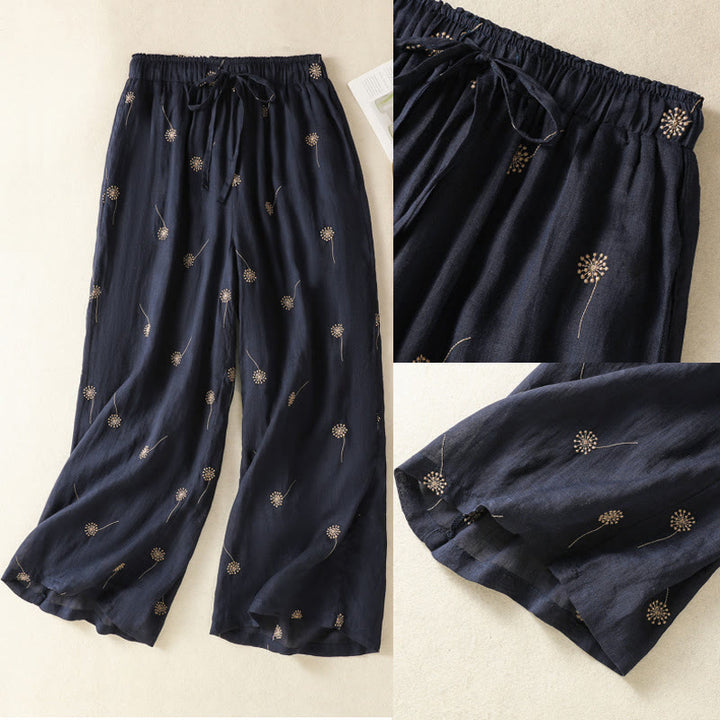 Buddha Stones MidnightBlue Commute Casual Dandelion Pattern Damskie szerokie nogawki Spodnie bawełniane lniane
