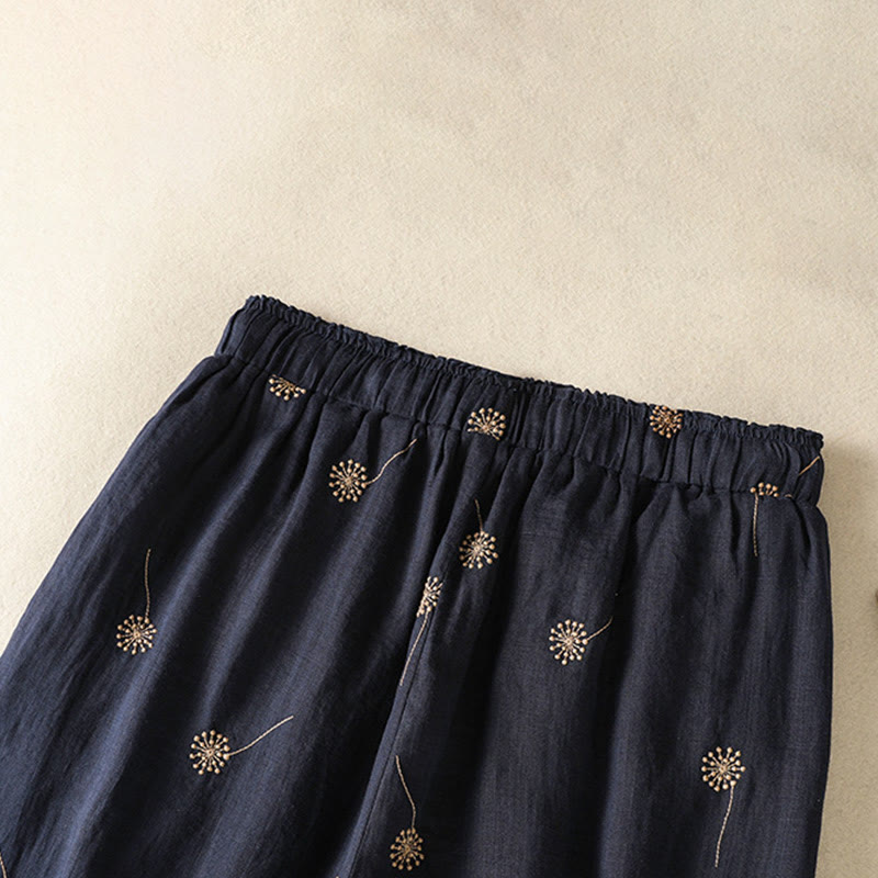 Buddha Stones MidnightBlue Commute Casual Dandelion Pattern Damskie szerokie nogawki Spodnie bawełniane lniane