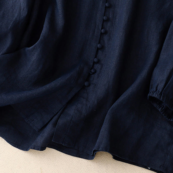 Koszula damska z długim rękawem z bawełny i lnu z motywem Buddha Stones i dekoltem w serek - image 10