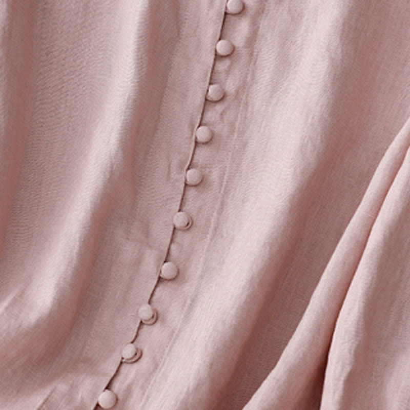 Koszula damska z długim rękawem z bawełny i lnu z motywem Buddha Stones i dekoltem w serek - image 3