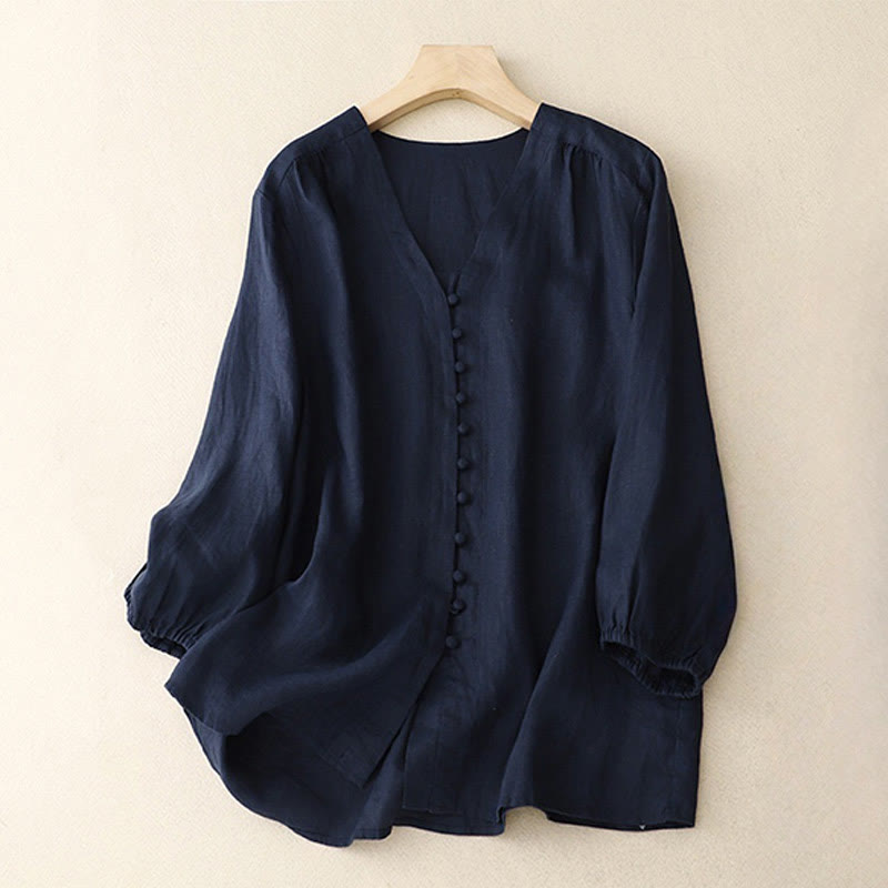 Koszula damska z długim rękawem z bawełny i lnu z motywem Buddha Stones i dekoltem w serek - MidnightBlue - US8-10，UK/AU12-14，EU40-42 (2XL) - image 9