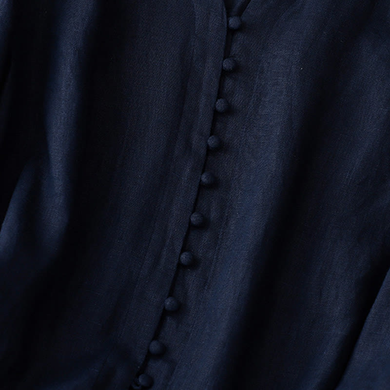 Koszula damska z długim rękawem z bawełny i lnu z motywem Buddha Stones i dekoltem w serek - image 11