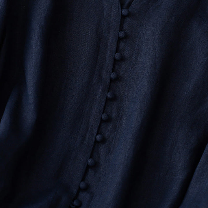 Koszula damska z długim rękawem z bawełny i lnu z motywem Buddha Stones i dekoltem w serek - image 11