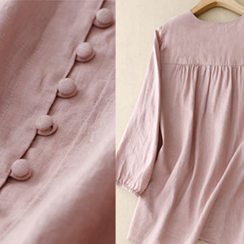 Koszula damska z długim rękawem z bawełny i lnu z motywem Buddha Stones i dekoltem w serek - image 5