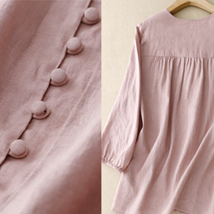 Koszula damska z długim rękawem z bawełny i lnu z motywem Buddha Stones i dekoltem w serek - image 5