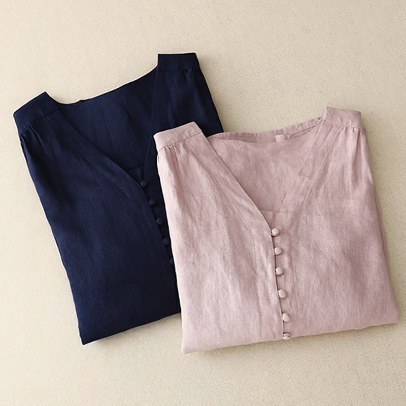 Koszula damska z długim rękawem z bawełny i lnu z motywem Buddha Stones i dekoltem w serek - image 1