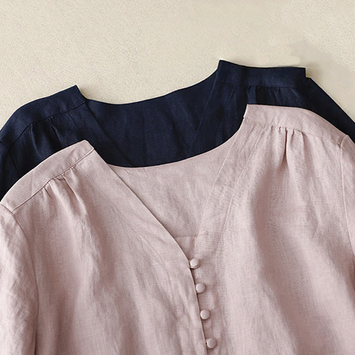 Koszula damska z długim rękawem z bawełny i lnu z motywem Buddha Stones i dekoltem w serek - image 8