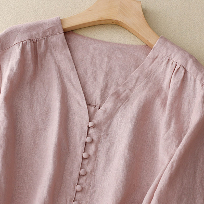 Koszula damska z długim rękawem z bawełny i lnu z motywem Buddha Stones i dekoltem w serek - image 2