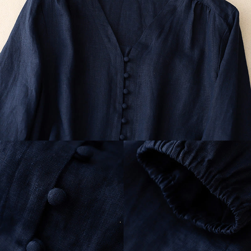 Koszula damska z długim rękawem z bawełny i lnu z motywem Buddha Stones i dekoltem w serek - image 12