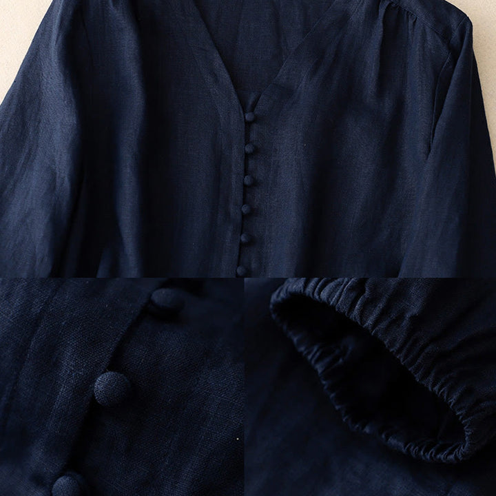 Koszula damska z długim rękawem z bawełny i lnu z motywem Buddha Stones i dekoltem w serek - image 12