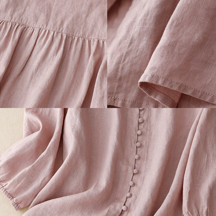 Koszula damska z długim rękawem z bawełny i lnu z motywem Buddha Stones i dekoltem w serek - image 6