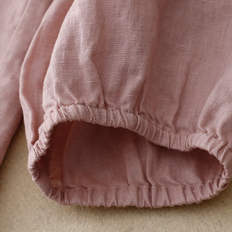 Koszula damska z długim rękawem z bawełny i lnu z motywem Buddha Stones i dekoltem w serek - image 4