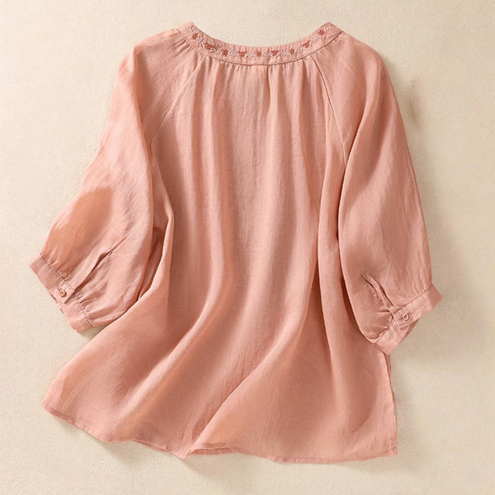 Koszula Buddha Stones z bawełny i lnu z haftem i rękawami trzy czwarte  - image 6