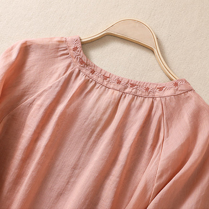 Koszula Buddha Stones z bawełny i lnu z haftem i rękawami trzy czwarte  - image 3