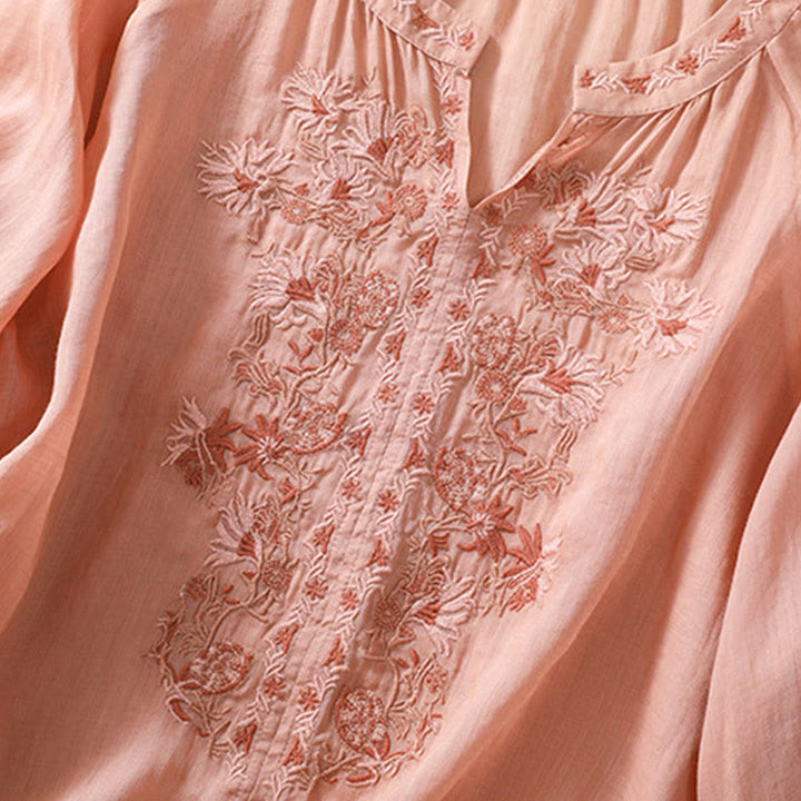 Koszula Buddha Stones z bawełny i lnu z haftem i rękawami trzy czwarte