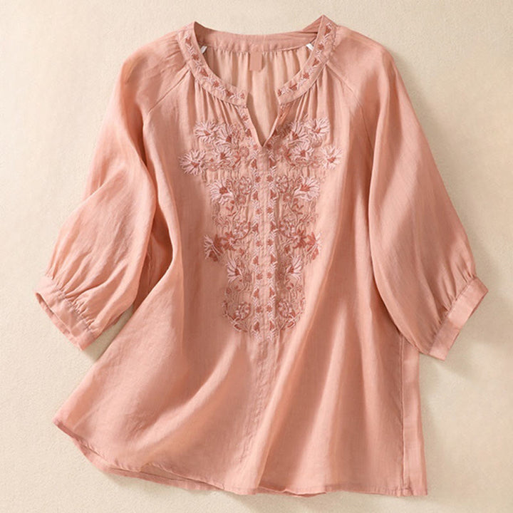 Koszula Buddha Stones z bawełny i lnu z haftem i rękawami trzy czwarte